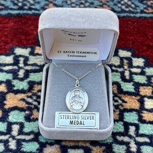 St. Kateri Tekakwitha Sterling Silver Oval Religious Medal Pendant Necklace